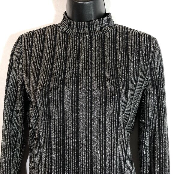Guess Silver Striped Mockneck Top Small Disco Metallic Shimmer Long sleeve Black - Picture 2 of 8